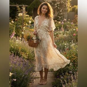 June & Hudson Floral Cream Ruffle Dress